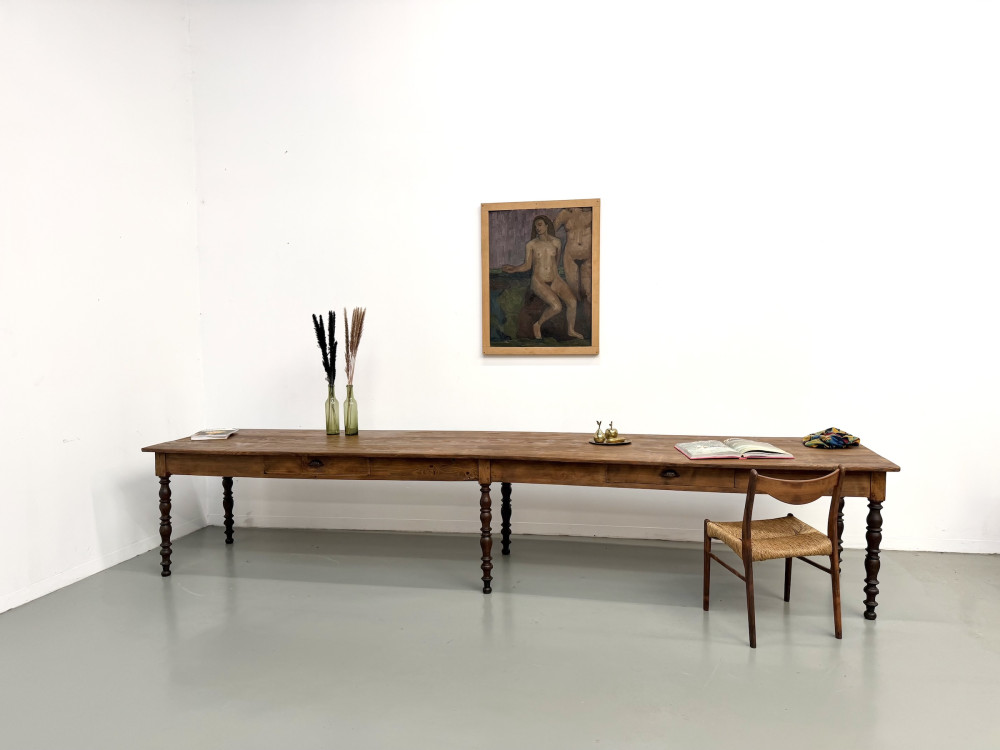 Table de ferme de 4 mètres en pin massif vers 1900, vue d'ensemble, Maison Lecan