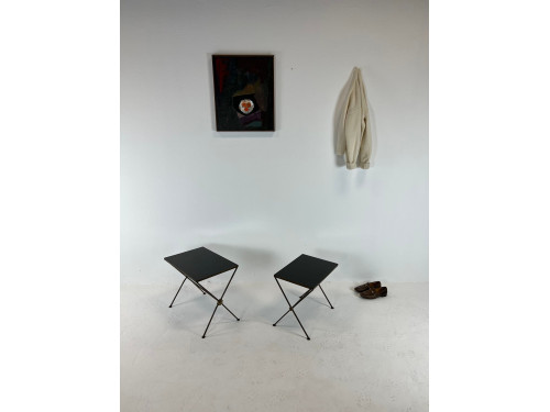 Tables gigognes modernistes en métal et verre noir, années 50, Maison Lecan