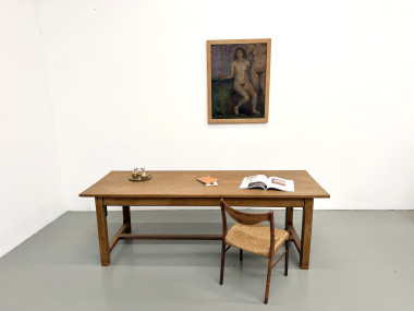 Table de ferme en chêne massif années 70, 225 cm, 8 personnes, Maison Lecan