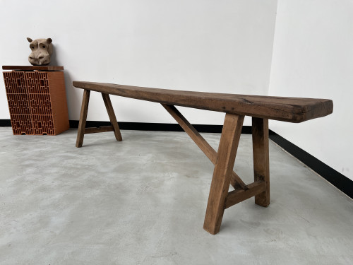 Banc de ferme ancien restauré, en chêne massif, vue 8