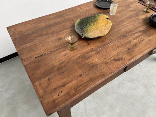 Table de travail ancienne en merisier massif et acacia, vue 11