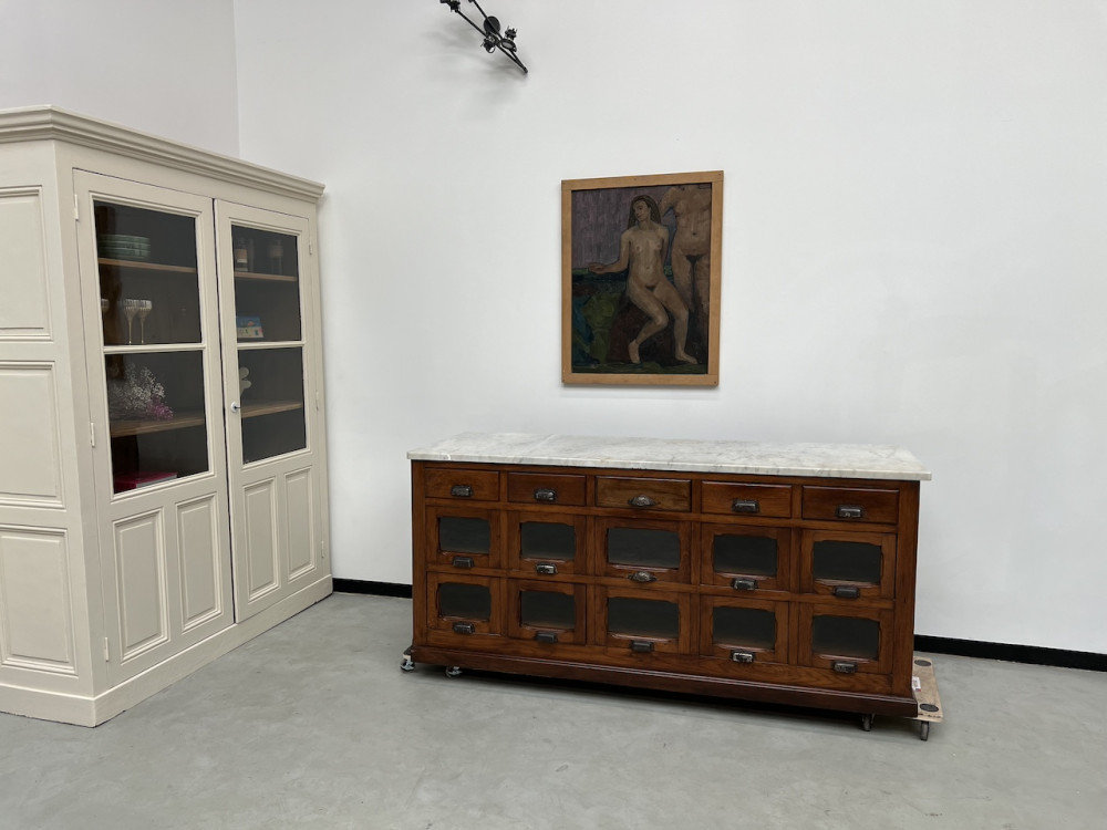 Comptoir de commerce ancien en chêne à tiroirs, vue 1