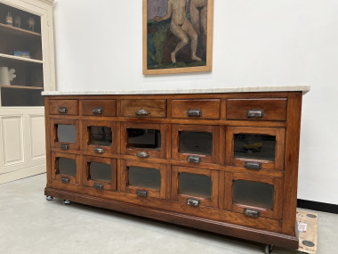Comptoir de commerce ancien en chêne à tiroirs, vue 3