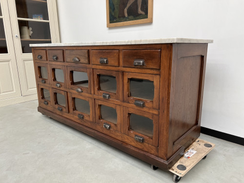 Comptoir de commerce ancien en chêne à tiroirs, vue 4