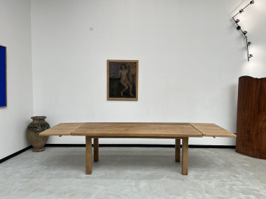 Grande table de ferme des années 60, en chêne massif, à rallonges, vue 2