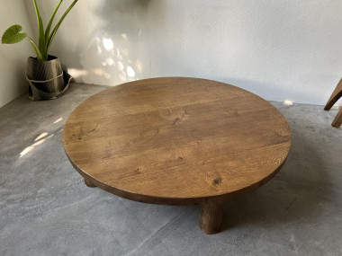 Table basse ronde en chêne massif, DLG Pierre Chapo, avec ses rallonges., vue 2