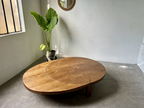 Table basse ronde en chêne massif, DLG Pierre Chapo, avec ses rallonges., vue 7