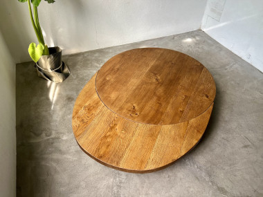 Table basse ronde en chêne massif, DLG Pierre Chapo, avec ses rallonges., vue 10