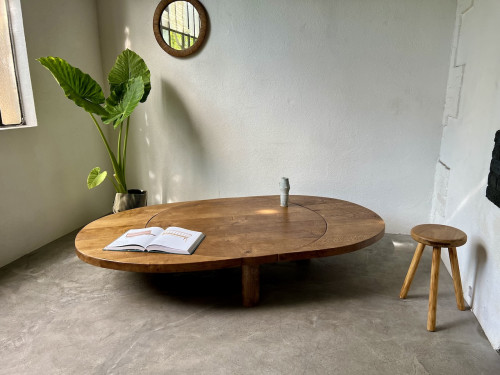 Table basse ronde en chêne massif, DLG Pierre Chapo, avec ses rallonges., vue 13