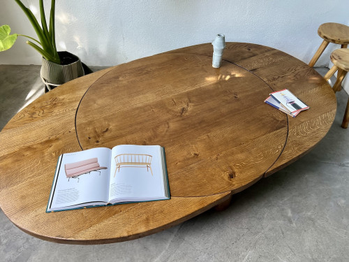 Table basse ronde en chêne massif, DLG Pierre Chapo, avec ses rallonges., vue 23