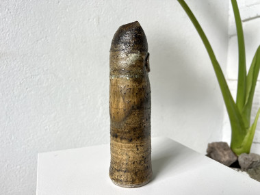 Chouette céramique Alfred Berger de profil, émail brun et beige