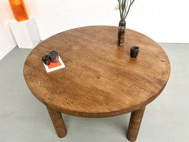 Table de repas circulaire en chêne massif, circa 1950, vue 5