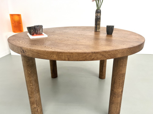 Table de repas circulaire en chêne massif, circa 1950, vue 6