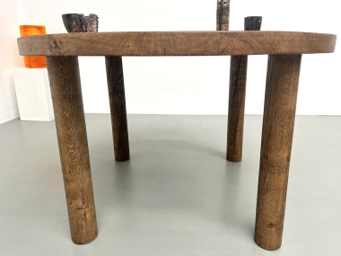 Table de repas circulaire en chêne massif, circa 1950, vue 7
