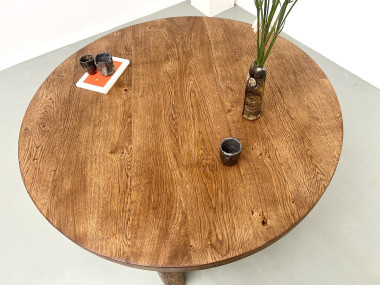Table de repas circulaire en chêne massif, circa 1950, vue 10