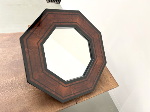Miroir octogonal en bois par Jean-Claude Mahey, vue 1