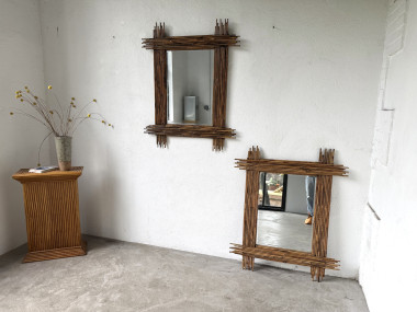 Duo de grands miroirs vintage en bambou, années 70, vue 2