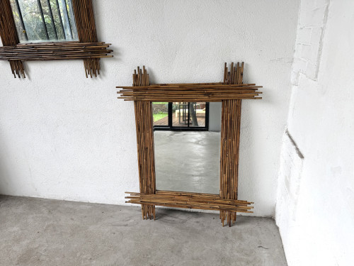 Duo de grands miroirs vintage en bambou, années 70, vue 3