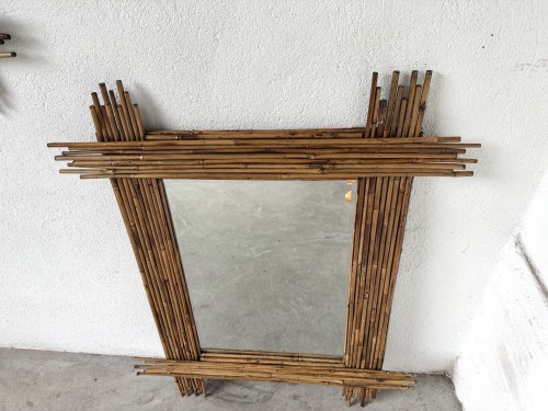 Duo de grands miroirs vintage en bambou, années 70, vue 4