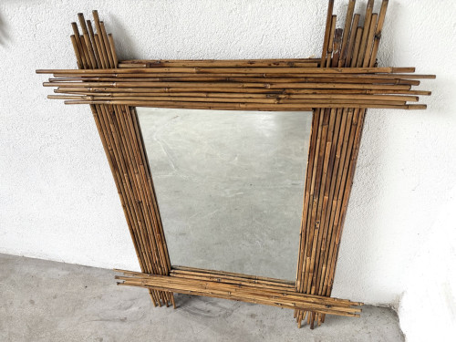 Duo de grands miroirs vintage en bambou, années 70, vue 5