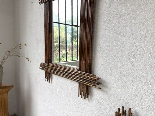 Duo de grands miroirs vintage en bambou, années 70, vue 6