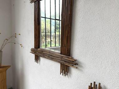 Duo de grands miroirs vintage en bambou, années 70, vue 6