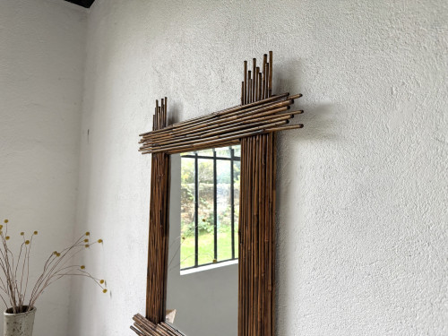 Duo de grands miroirs vintage en bambou, années 70, vue 7