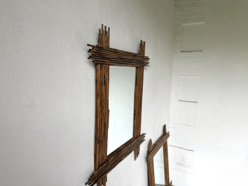 Duo de grands miroirs vintage en bambou, années 70, vue 11