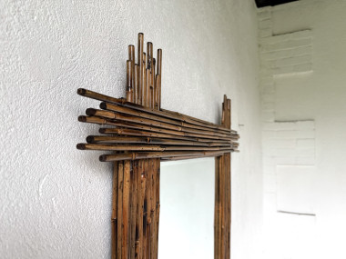 Duo de grands miroirs vintage en bambou, années 70, vue 13