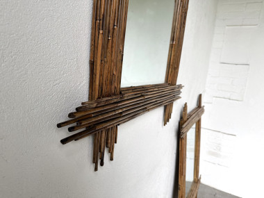 Duo de grands miroirs vintage en bambou, années 70, vue 15