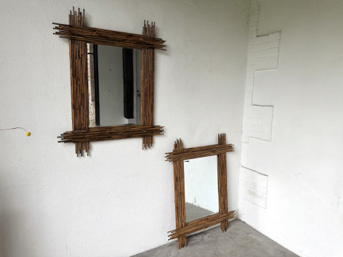 Duo de grands miroirs vintage en bambou, années 70, vue 19