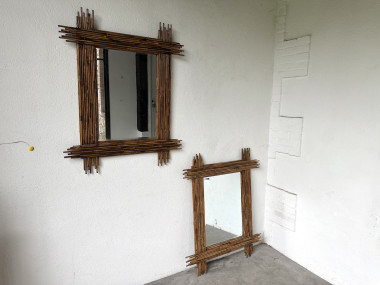 Duo de grands miroirs vintage en bambou, années 70, vue 19