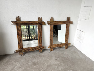 Duo de grands miroirs vintage en bambou, années 70, vue 21