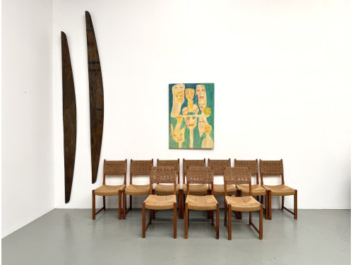 Série de dix chaises en orme massif, corde et paille, vue 1