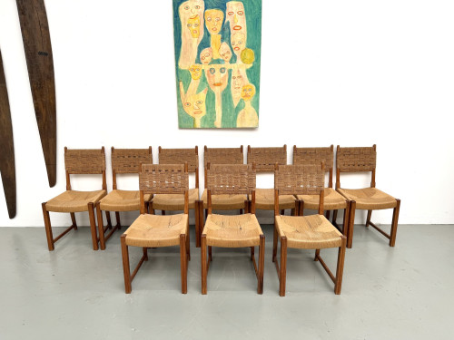 Série de dix chaises en orme massif, corde et paille, vue 3