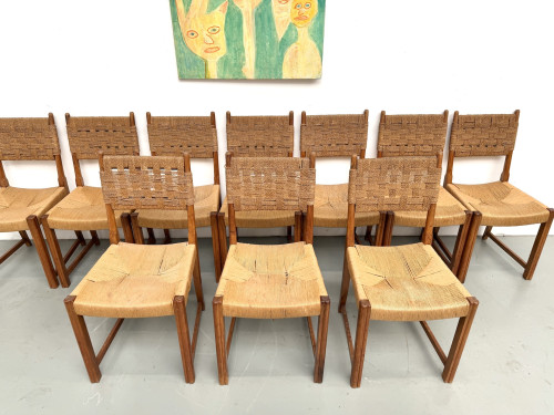 Série de dix chaises en orme massif, corde et paille, vue 4