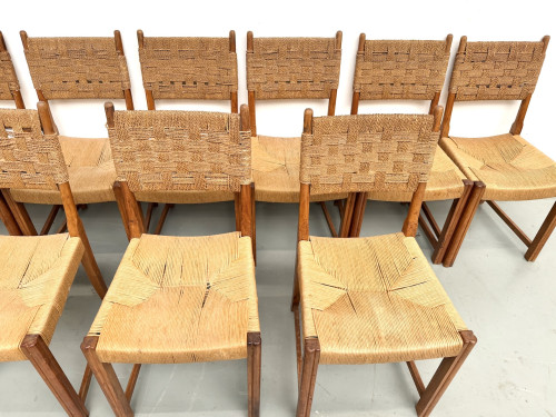 Série de dix chaises en orme massif, corde et paille, vue 6