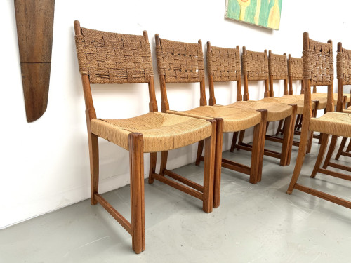 Série de dix chaises en orme massif, corde et paille, vue 12