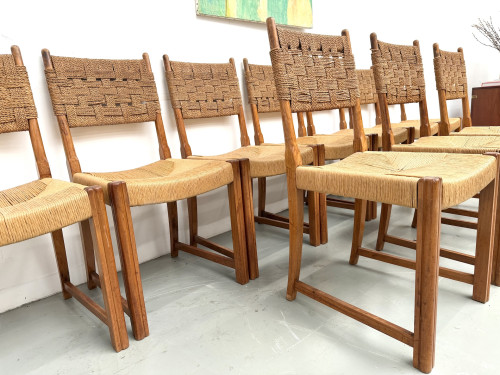 Série de dix chaises en orme massif, corde et paille, vue 13