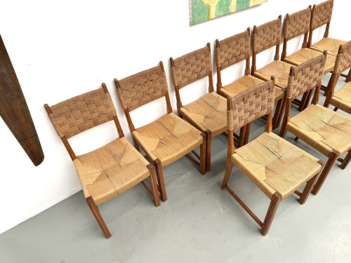 Série de dix chaises en orme massif, corde et paille, vue 14
