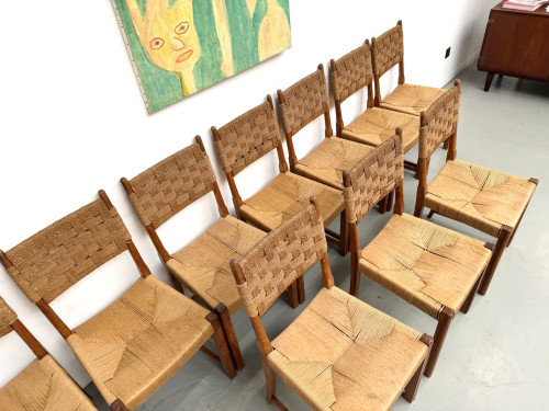 Série de dix chaises en orme massif, corde et paille, vue 15