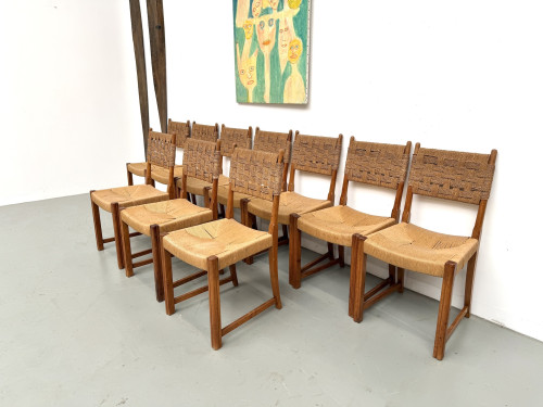 Série de dix chaises en orme massif, corde et paille, vue 17