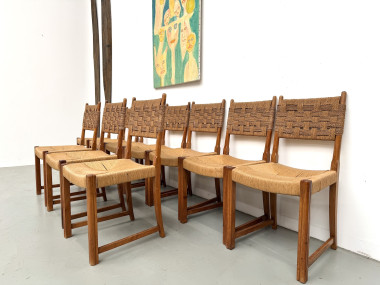 Série de dix chaises en orme massif, corde et paille, vue 18