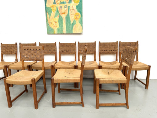 Série de dix chaises en orme massif, corde et paille, vue 19