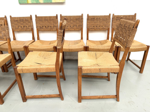 Série de dix chaises en orme massif, corde et paille, vue 20